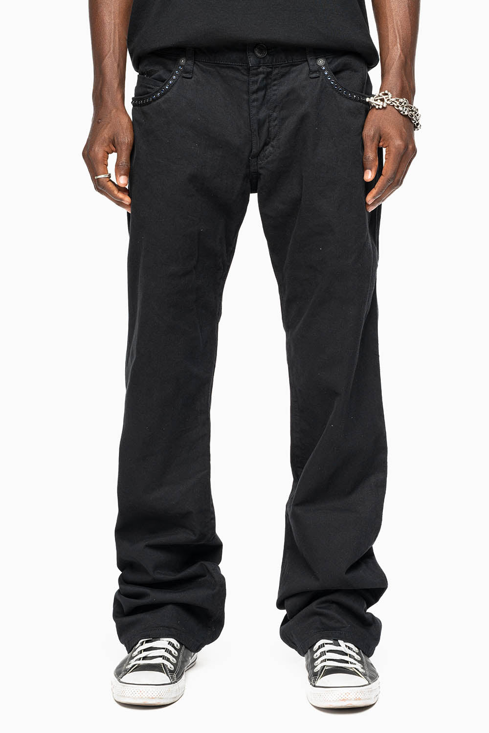 MENS CLASSIC STRAIGHT LEG LONG FLAP JEANS WITH MONTANA BLUE AND RED CRYSTALS IN PURE BLK