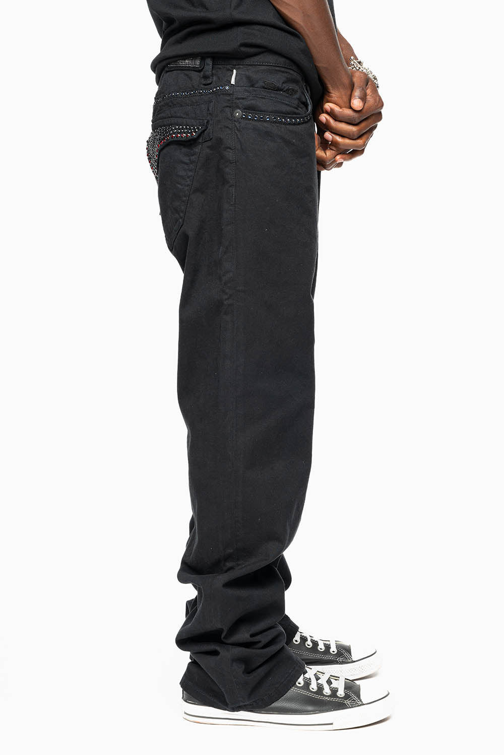 MENS CLASSIC STRAIGHT LEG LONG FLAP JEANS WITH MONTANA BLUE AND RED CRYSTALS IN PURE BLK