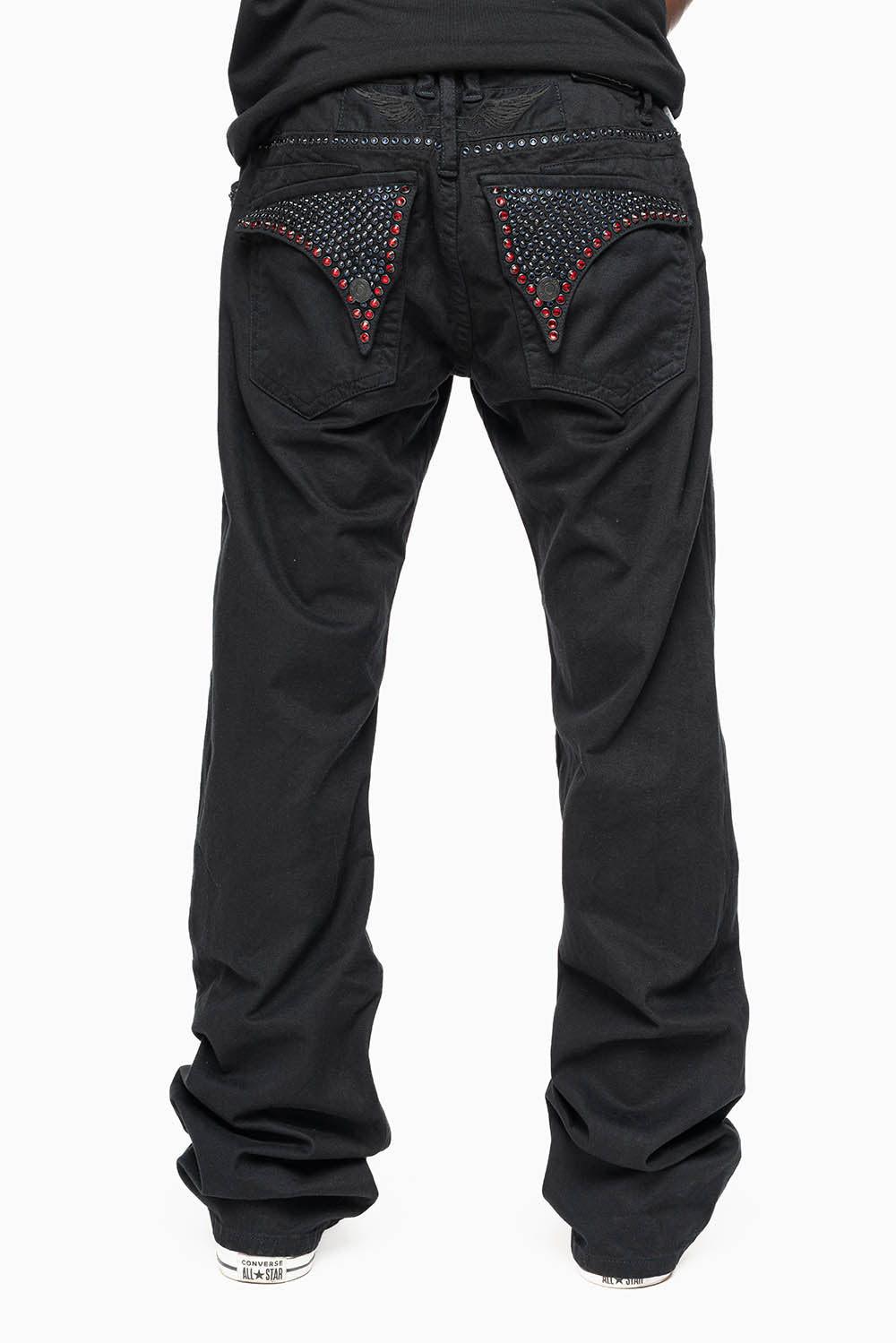 MENS CLASSIC STRAIGHT LEG LONG FLAP JEANS WITH MONTANA BLUE AND RED CRYSTALS IN PURE BLK