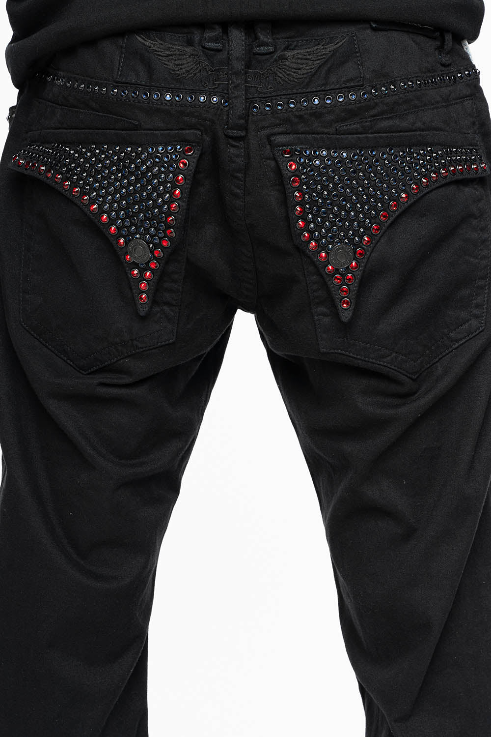 MENS CLASSIC STRAIGHT LEG LONG FLAP JEANS WITH MONTANA BLUE AND RED CRYSTALS IN PURE BLK