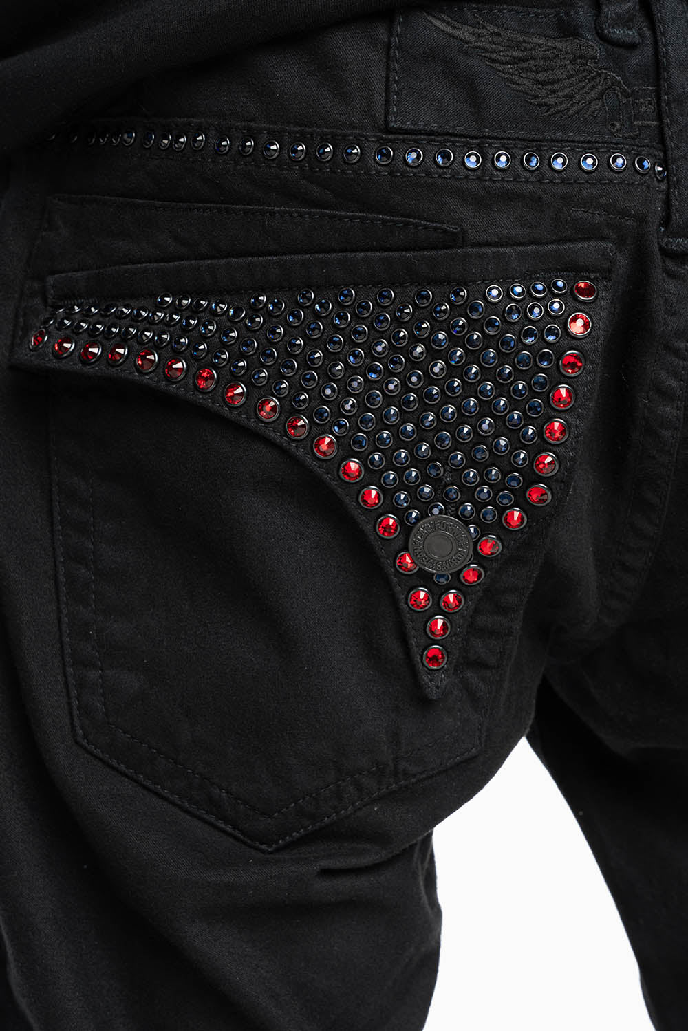 MENS CLASSIC STRAIGHT LEG LONG FLAP JEANS WITH MONTANA BLUE AND RED CRYSTALS IN PURE BLK