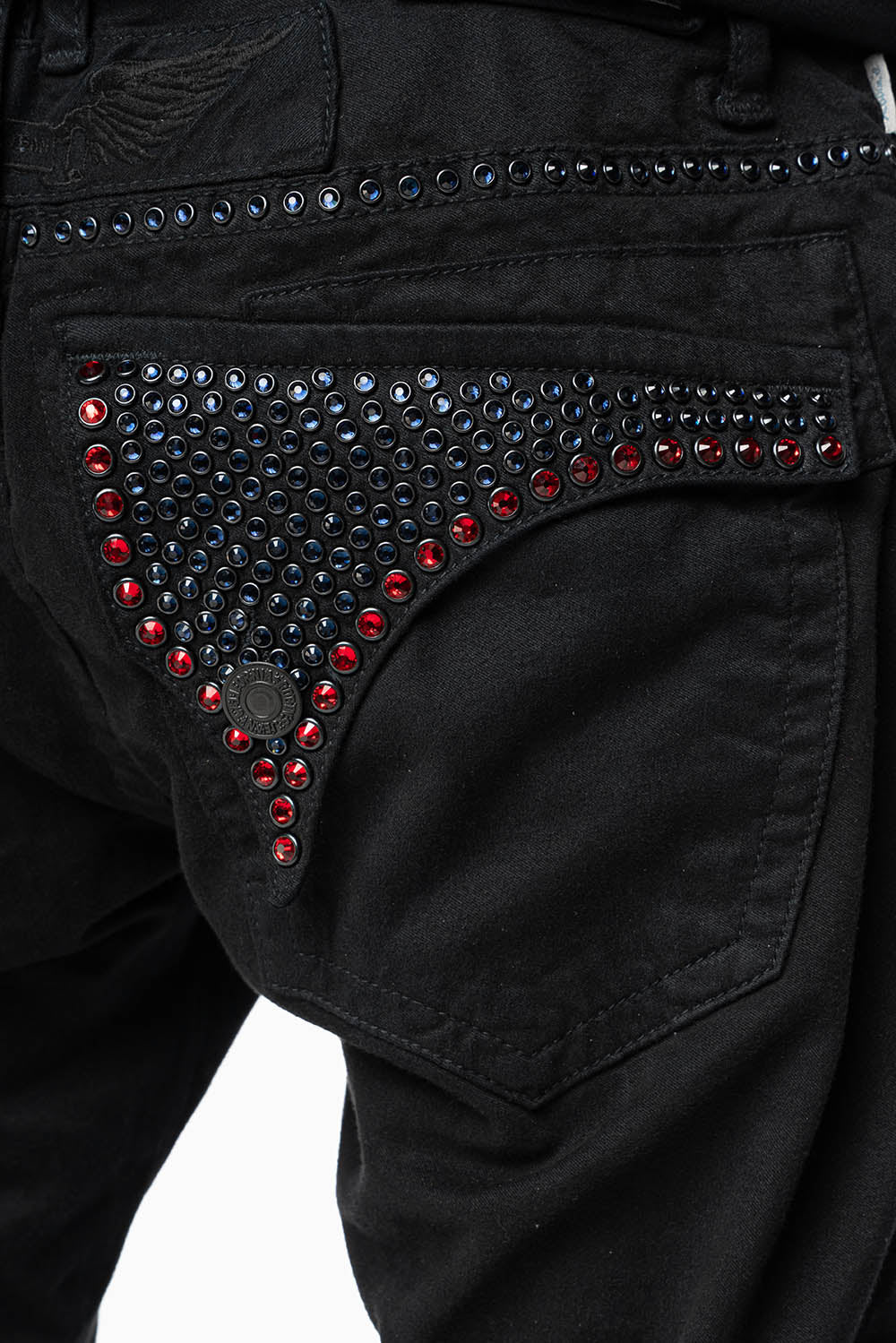 MENS CLASSIC STRAIGHT LEG LONG FLAP JEANS WITH MONTANA BLUE AND RED CRYSTALS IN PURE BLK