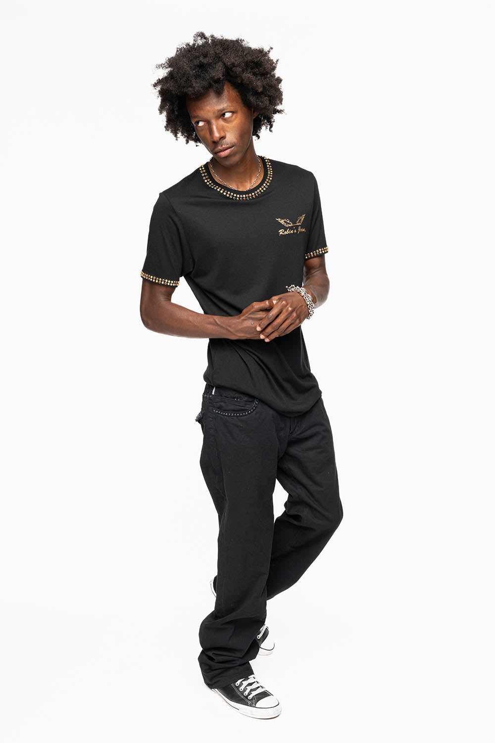 MENS CLASSIC STRAIGHT LEG LONG FLAP JEANS WITH MONTANA BLUE AND RED CRYSTALS IN PURE BLK