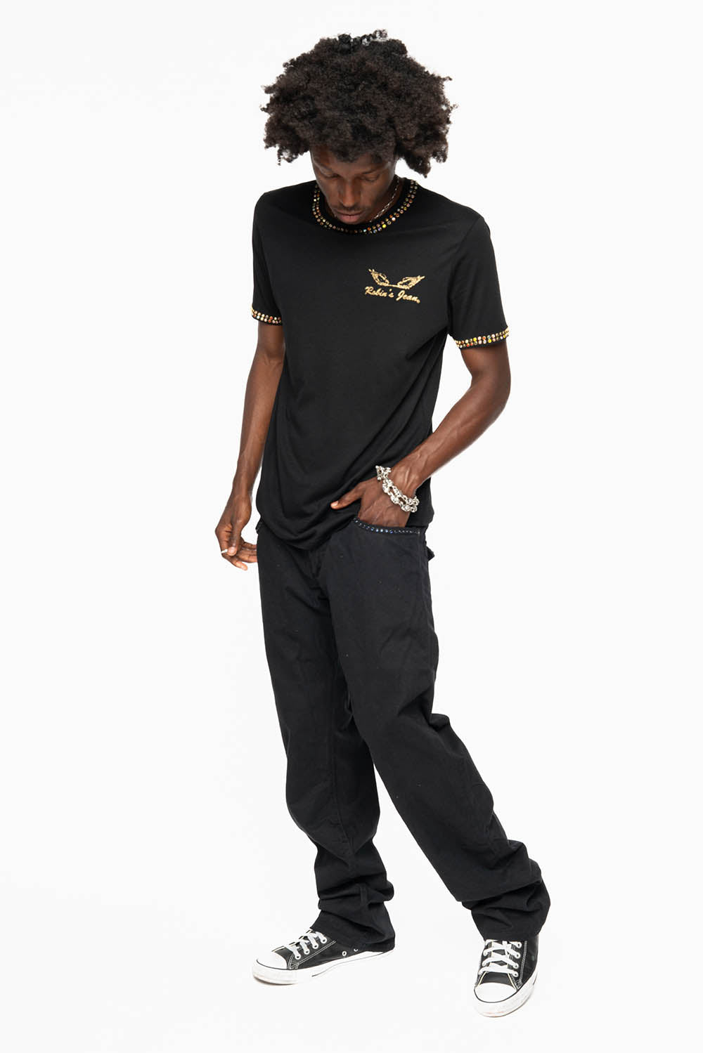 MENS CLASSIC STRAIGHT LEG LONG FLAP JEANS WITH MONTANA BLUE AND RED CRYSTALS IN PURE BLK