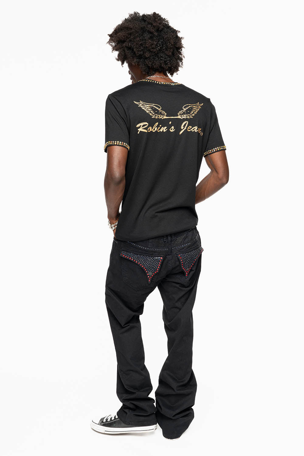 MENS CLASSIC STRAIGHT LEG LONG FLAP JEANS WITH MONTANA BLUE AND RED CRYSTALS IN PURE BLK