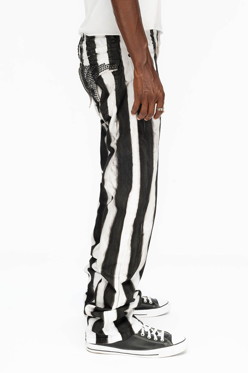 MENS CLASSIC STRAIGHT LEG LONG FLAP JEANS IN PRISONER BLACK AND WHITE WITH CRYSTALS