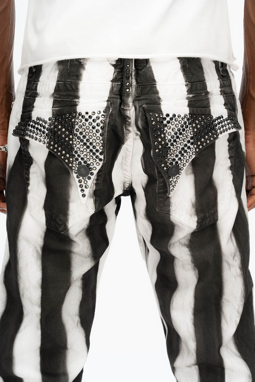 MENS CLASSIC STRAIGHT LEG LONG FLAP JEANS IN PRISONER BLACK AND WHITE WITH CRYSTALS