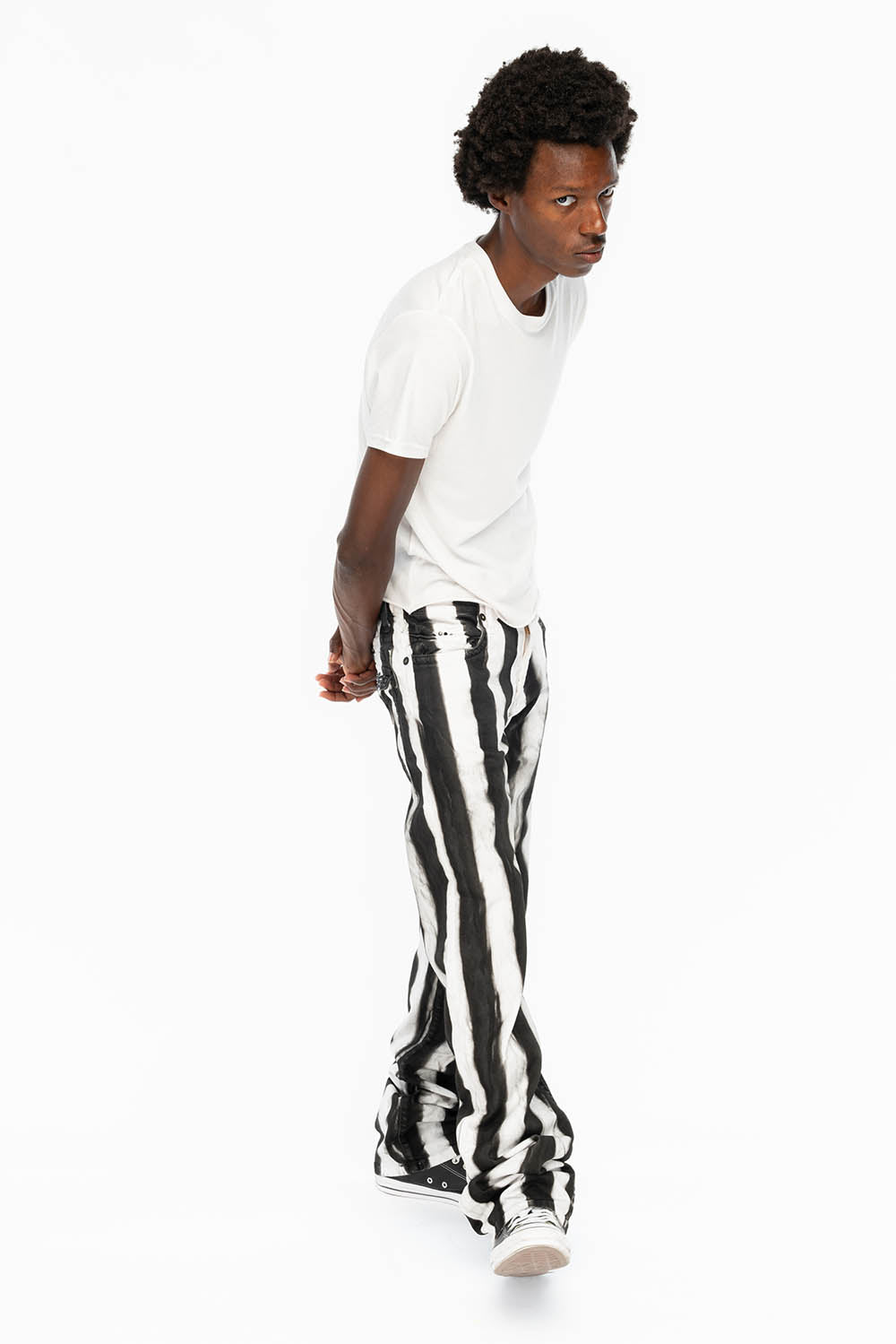 MENS CLASSIC STRAIGHT LEG LONG FLAP JEANS IN PRISONER BLACK AND WHITE WITH CRYSTALS