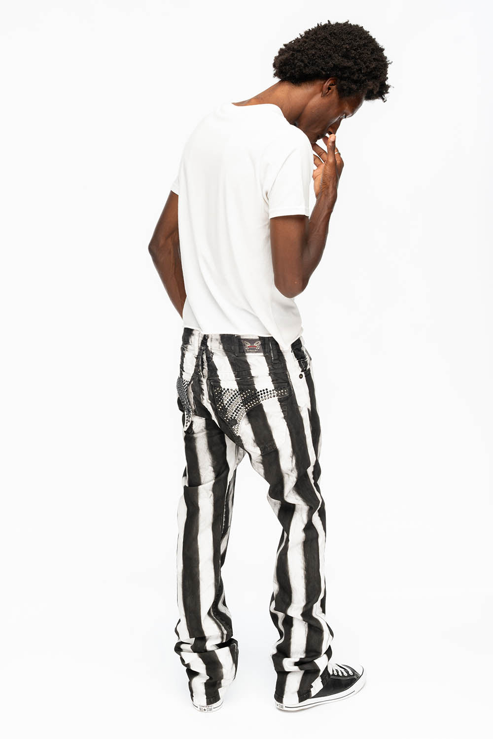 MENS CLASSIC STRAIGHT LEG LONG FLAP JEANS IN PRISONER BLACK AND WHITE WITH CRYSTALS