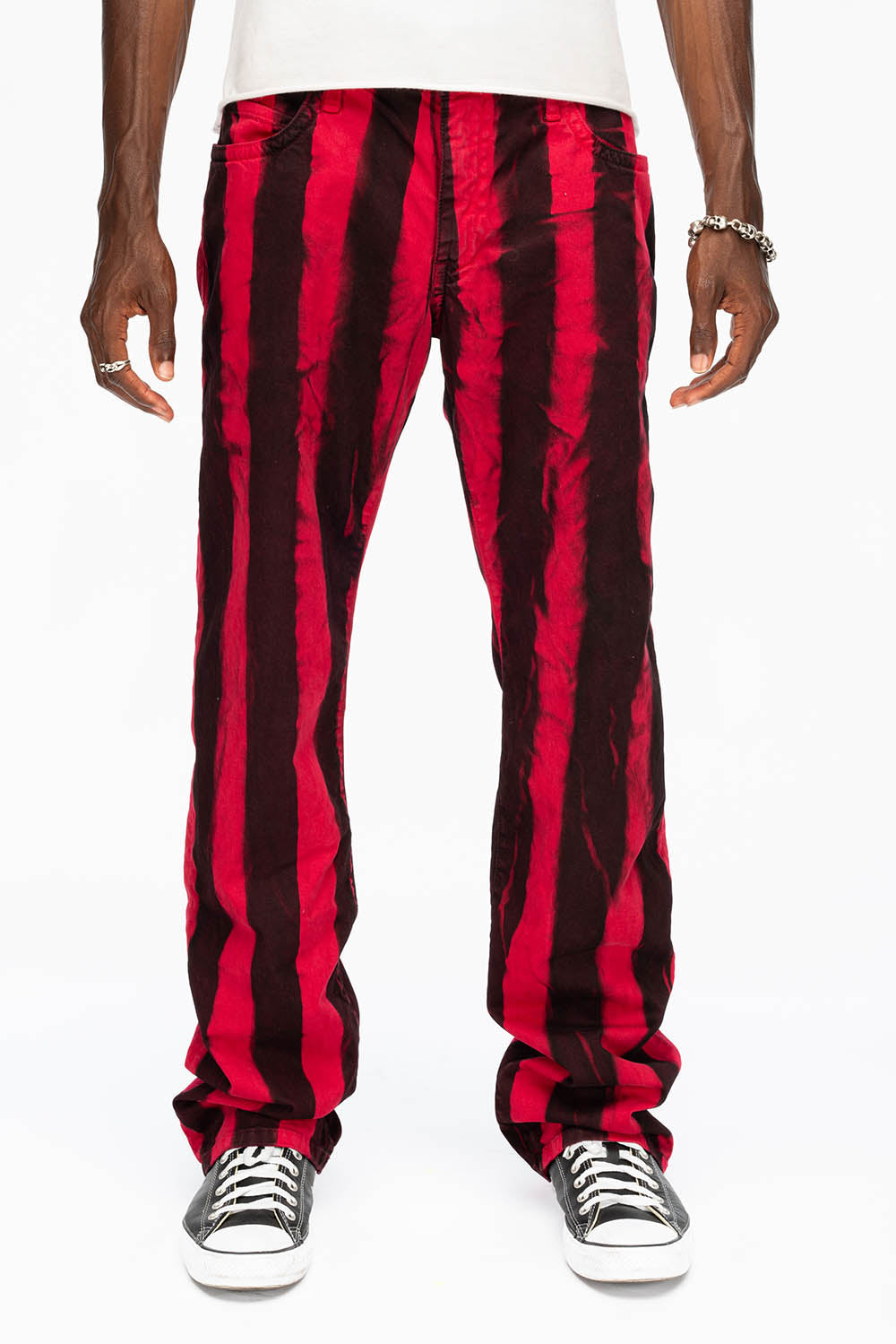 MENS CLASSIC STRAIGHT LEG LONG FLAP JEANS IN PRISONER BLACK AND RED WITH CRYSTALS