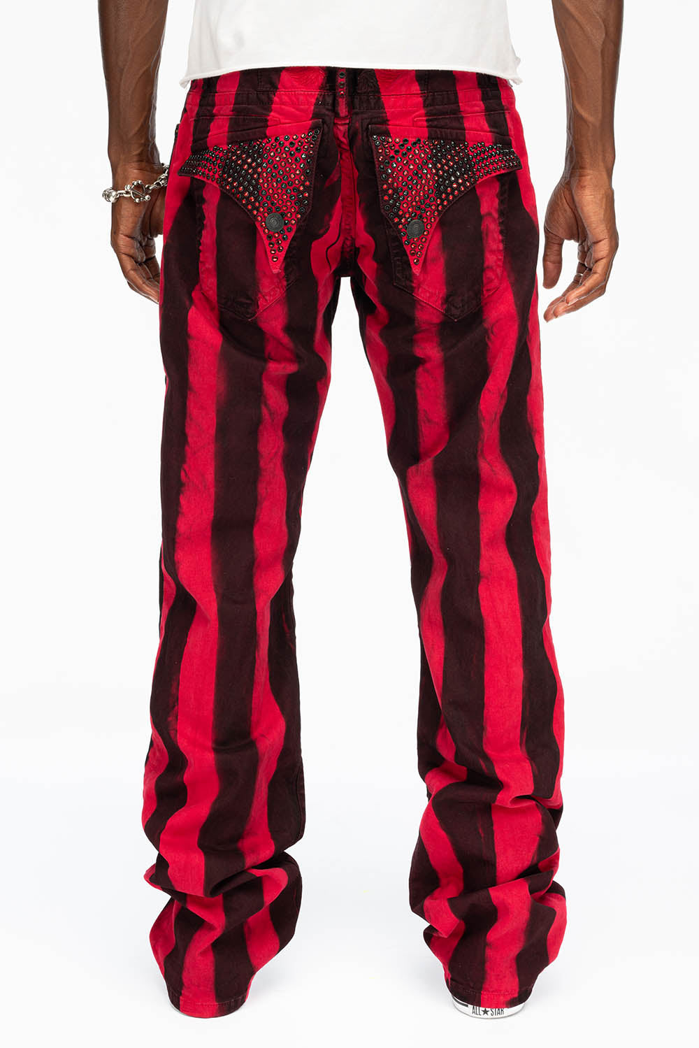 MENS CLASSIC STRAIGHT LEG LONG FLAP JEANS IN PRISONER BLACK AND RED WITH CRYSTALS