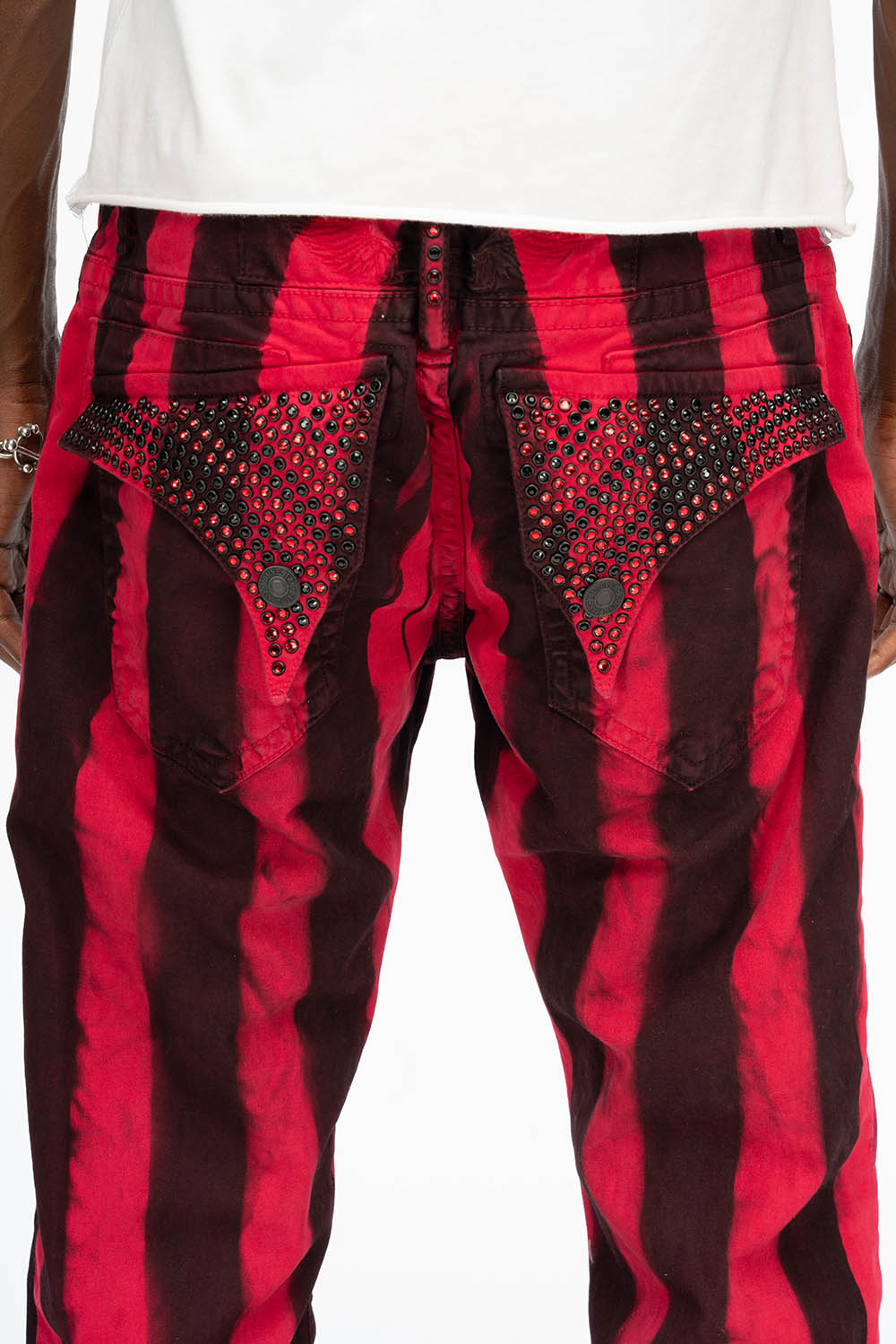 MENS CLASSIC STRAIGHT LEG LONG FLAP JEANS IN PRISONER BLACK AND RED WITH CRYSTALS