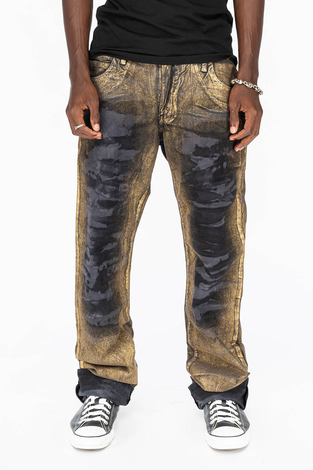 MENS LONG FLAP STRAIGHT CUT JEANS WITH SMOKY TOPAZ CRYSTALS IN AERO BLACK WASH