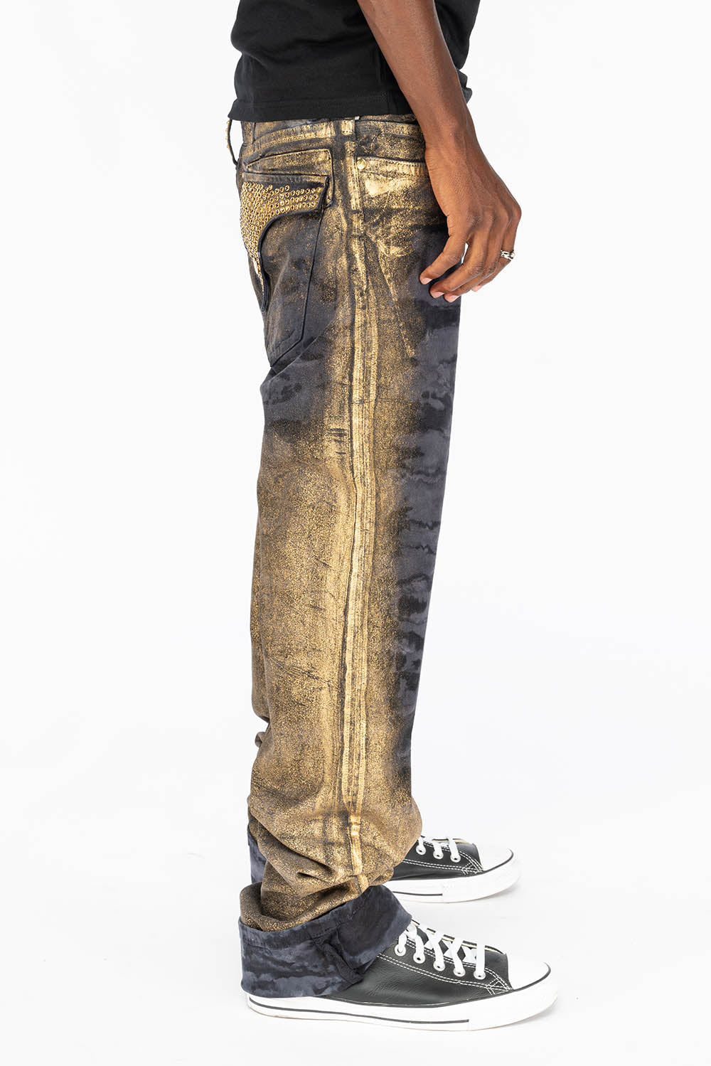 MENS LONG FLAP STRAIGHT CUT JEANS WITH SMOKY TOPAZ CRYSTALS IN AERO BLACK WASH