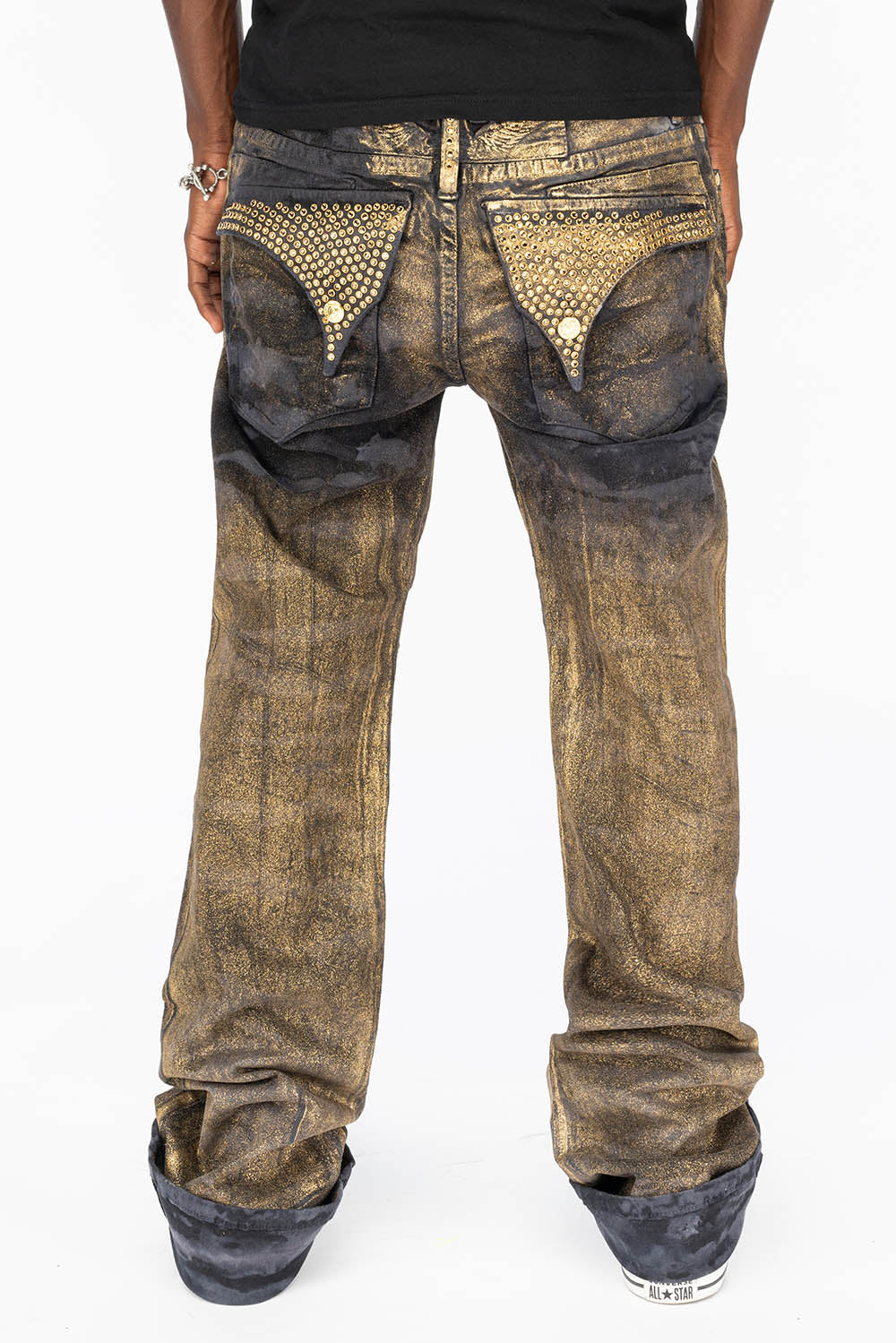 MENS LONG FLAP STRAIGHT CUT JEANS WITH SMOKY TOPAZ CRYSTALS IN AERO BLACK WASH