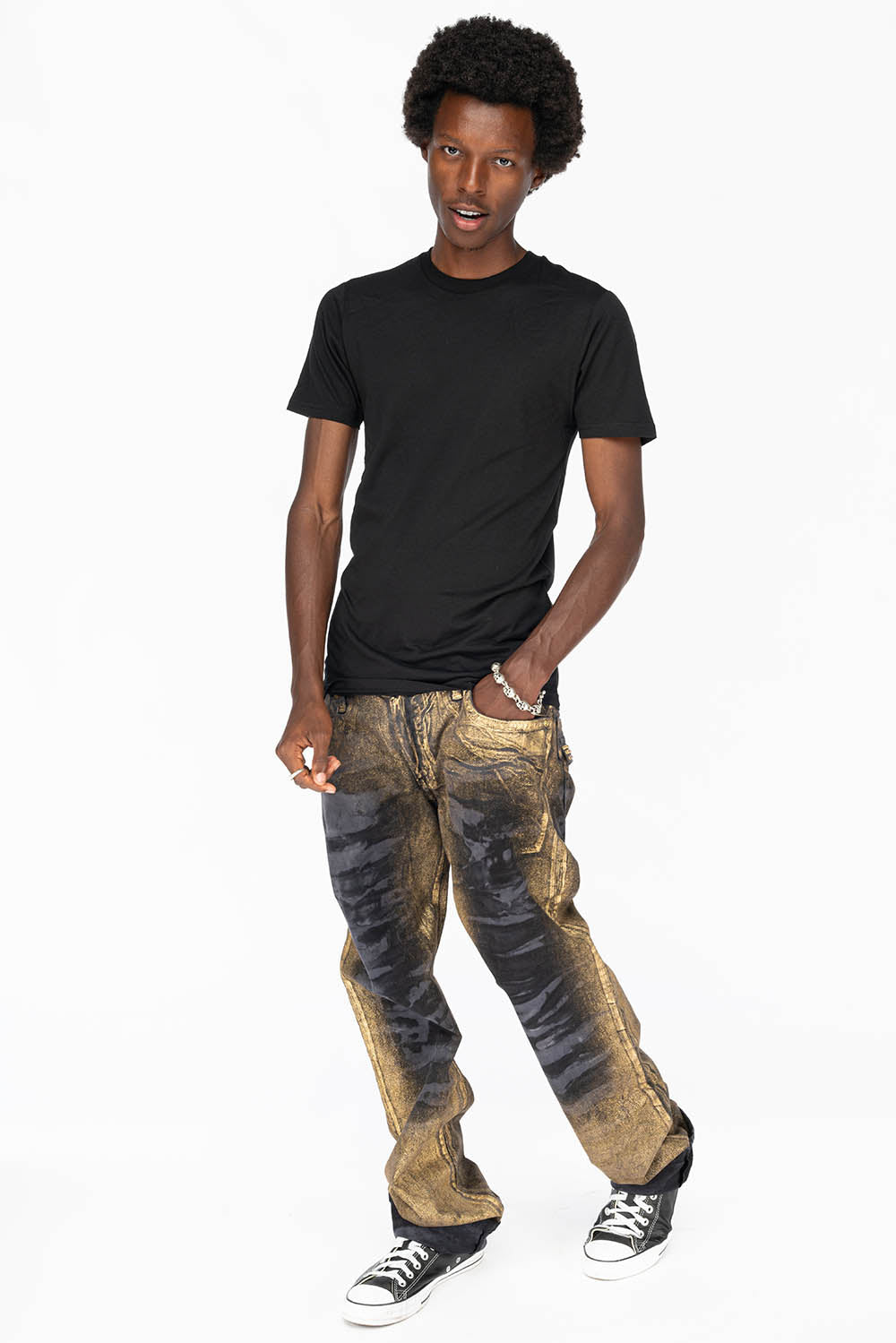 MENS LONG FLAP STRAIGHT CUT JEANS WITH SMOKY TOPAZ CRYSTALS IN AERO BLACK WASH