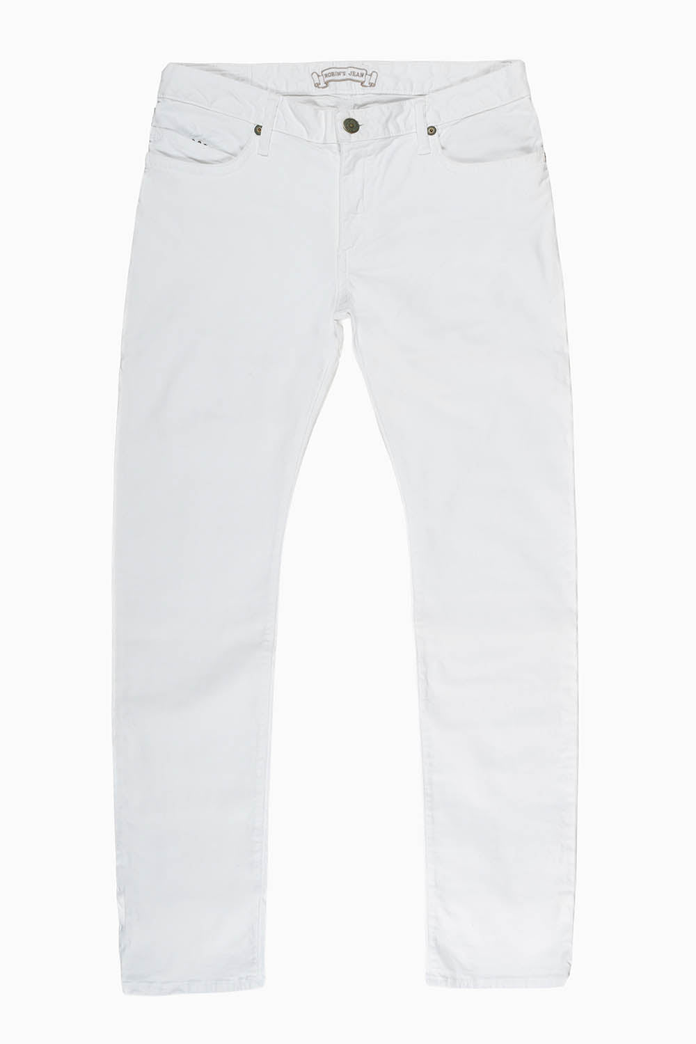 LONG FLAP SLIM FIT MENS JEANS WITH AURUM CRYSTALS IN WHITE