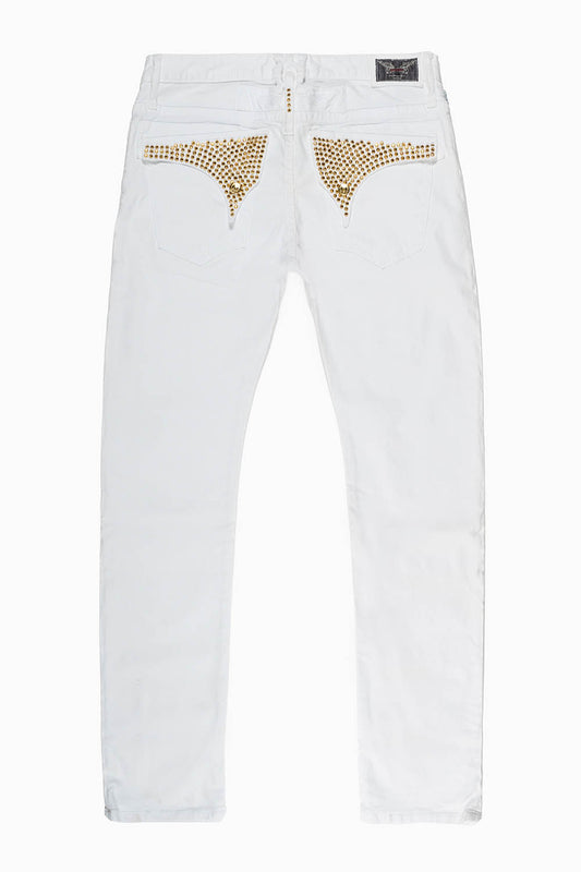 LONG FLAP SLIM FIT MENS JEANS WITH AURUM CRYSTALS IN WHITE