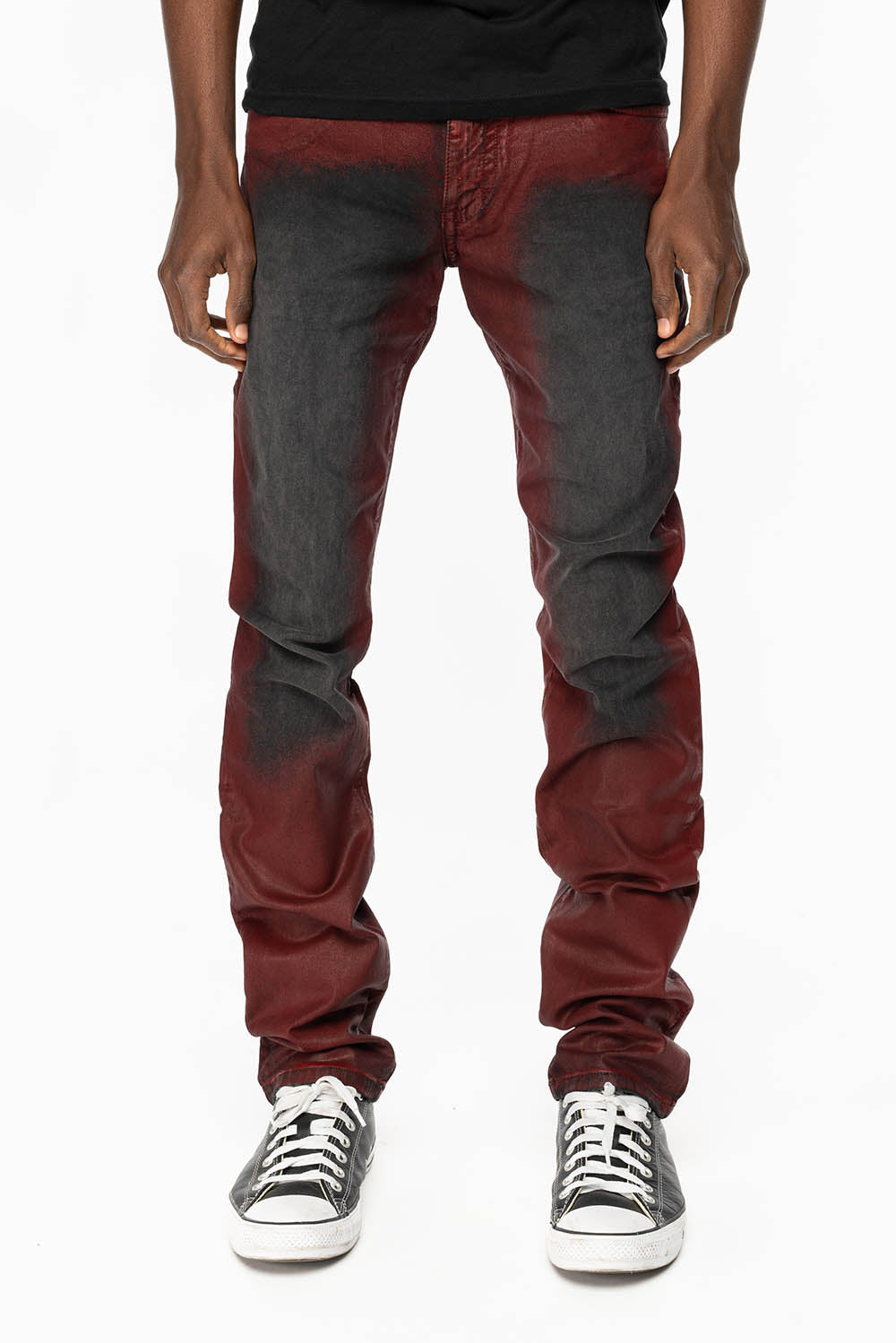 LONG FLAP SLIM FIT MENS JEANS WITH CRYSTALS & STUDS IN BLACK IRENE RED COATED WASH