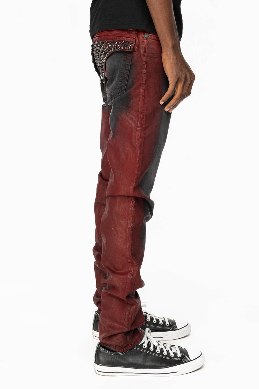 LONG FLAP SLIM FIT MENS JEANS WITH CRYSTALS & STUDS IN BLACK IRENE RED COATED WASH