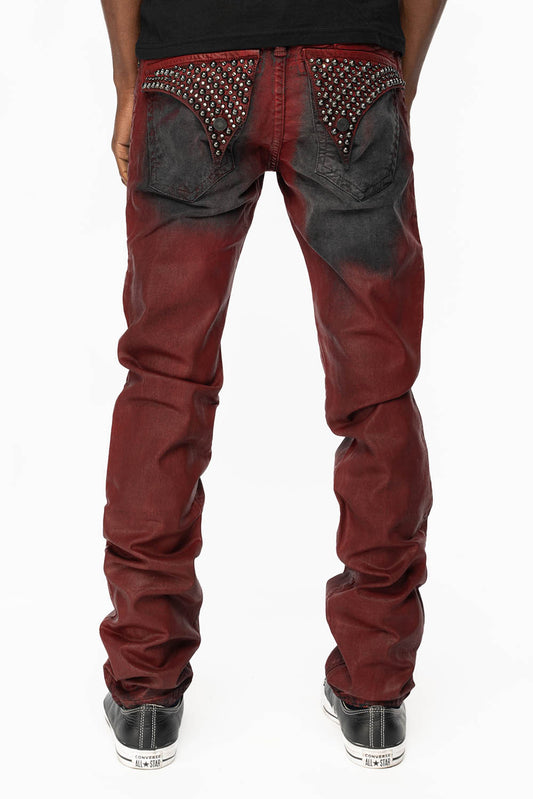 LONG FLAP SLIM FIT MENS JEANS WITH CRYSTALS & STUDS IN BLACK IRENE RED COATED WASH