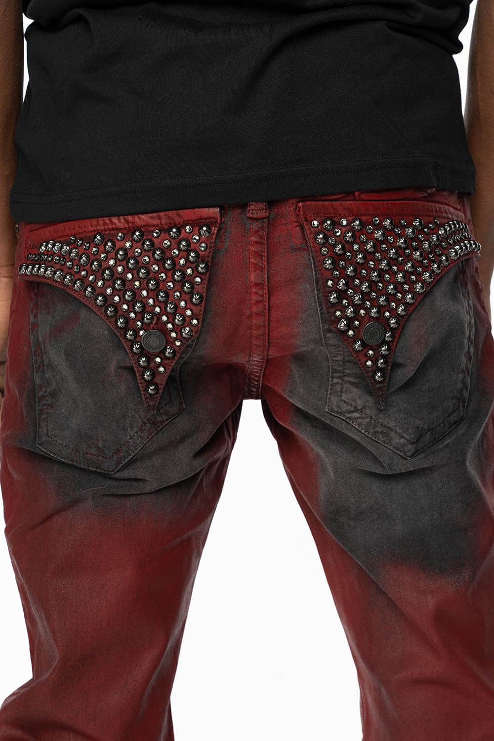 LONG FLAP SLIM FIT MENS JEANS WITH CRYSTALS & STUDS IN BLACK IRENE RED COATED WASH