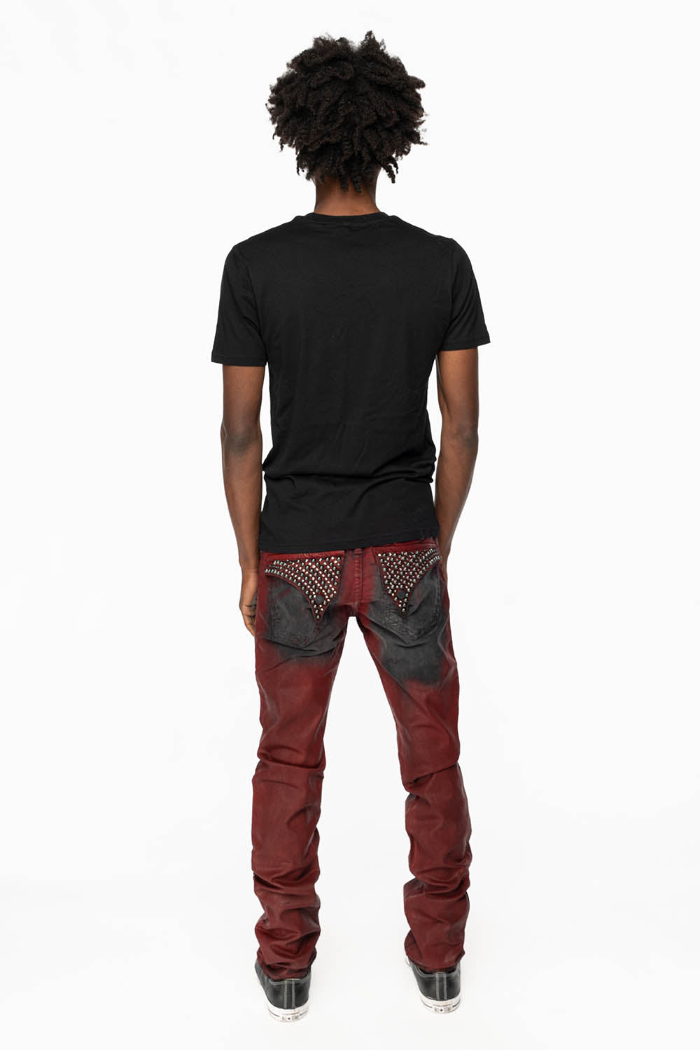 LONG FLAP SLIM FIT MENS JEANS WITH CRYSTALS & STUDS IN BLACK IRENE RED COATED WASH