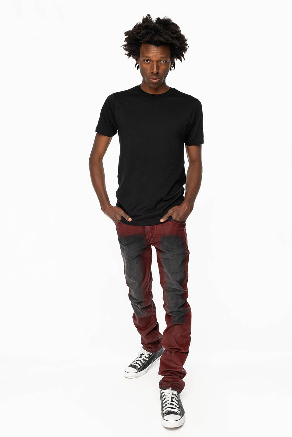 LONG FLAP SLIM FIT MENS JEANS WITH CRYSTALS & STUDS IN BLACK IRENE RED COATED WASH