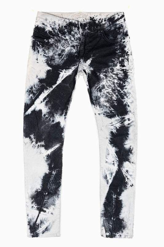 LONG FLAP SLIM FIT MENS JEANS WITH CRYSTALS IN TIE DYE BLK WASH