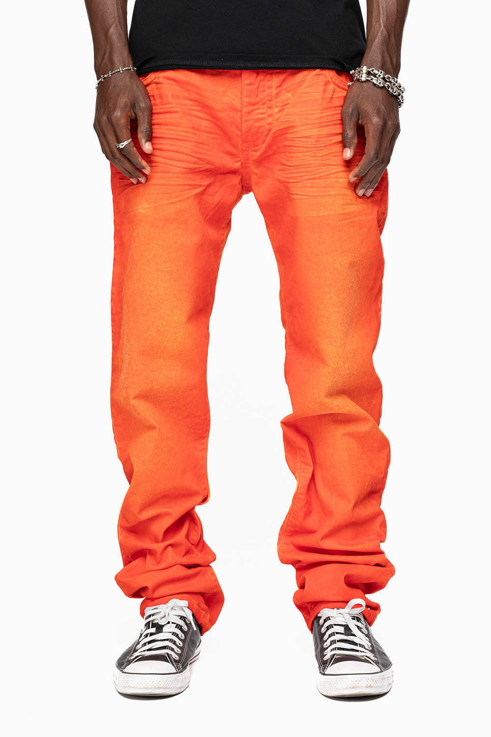 LONG FLAP SLIM FIT MENS JEANS  IN SUEDE TANGERINE WITH CRYSTALS