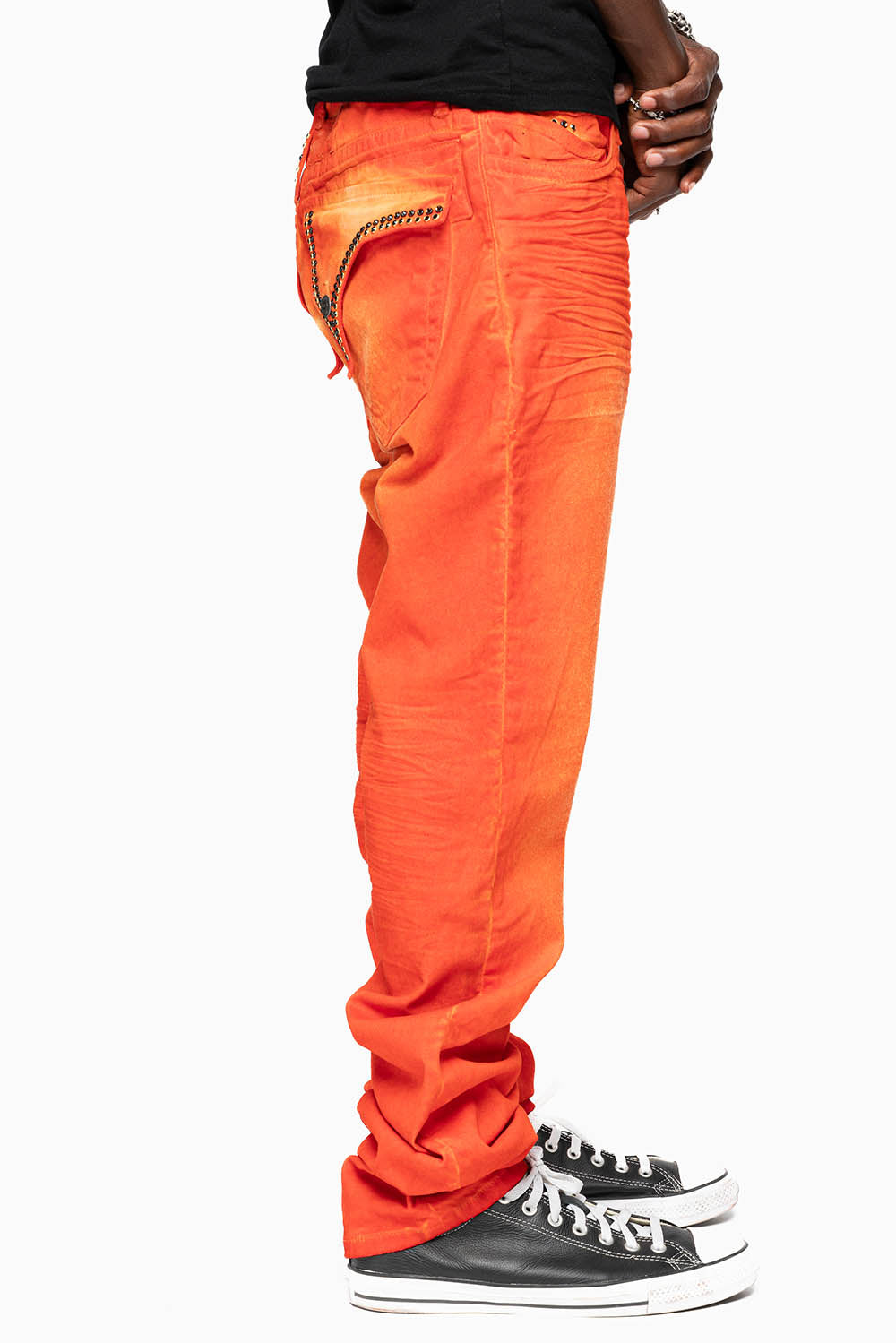 LONG FLAP SLIM FIT MENS JEANS  IN SUEDE TANGERINE WITH CRYSTALS