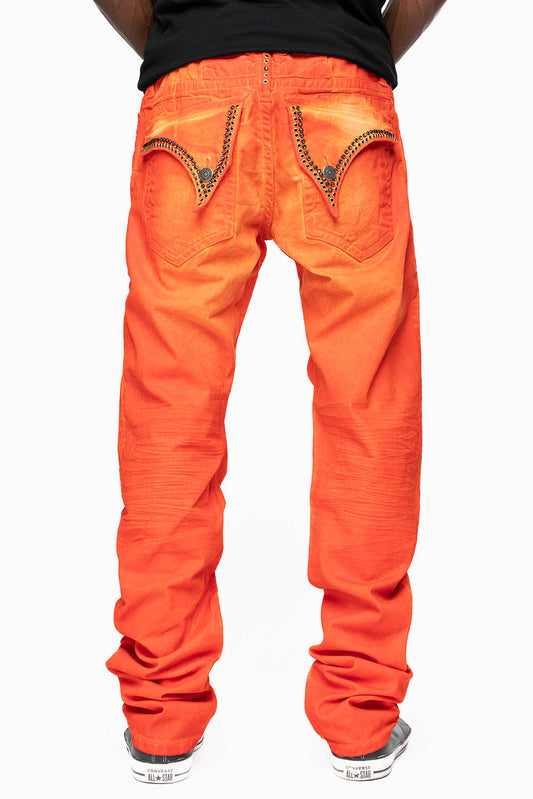 LONG FLAP SLIM FIT MENS JEANS  IN SUEDE TANGERINE WITH CRYSTALS