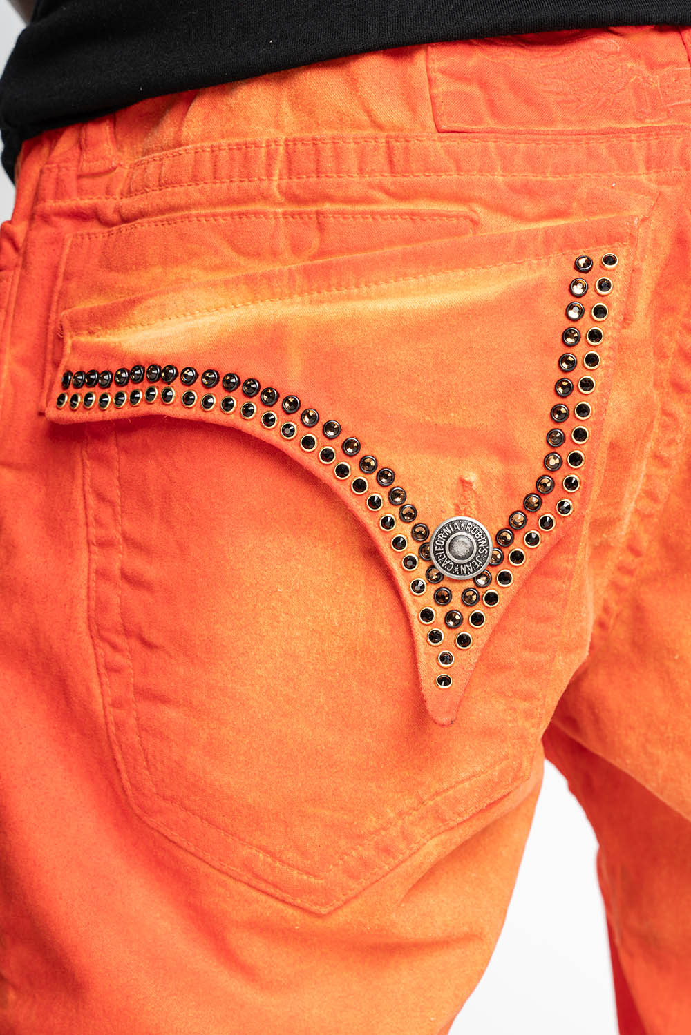LONG FLAP SLIM FIT MENS JEANS  IN SUEDE TANGERINE WITH CRYSTALS