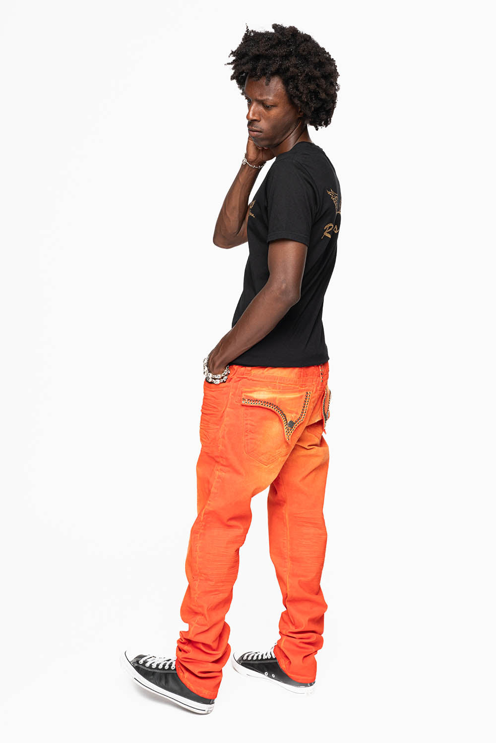 LONG FLAP SLIM FIT MENS JEANS  IN SUEDE TANGERINE WITH CRYSTALS