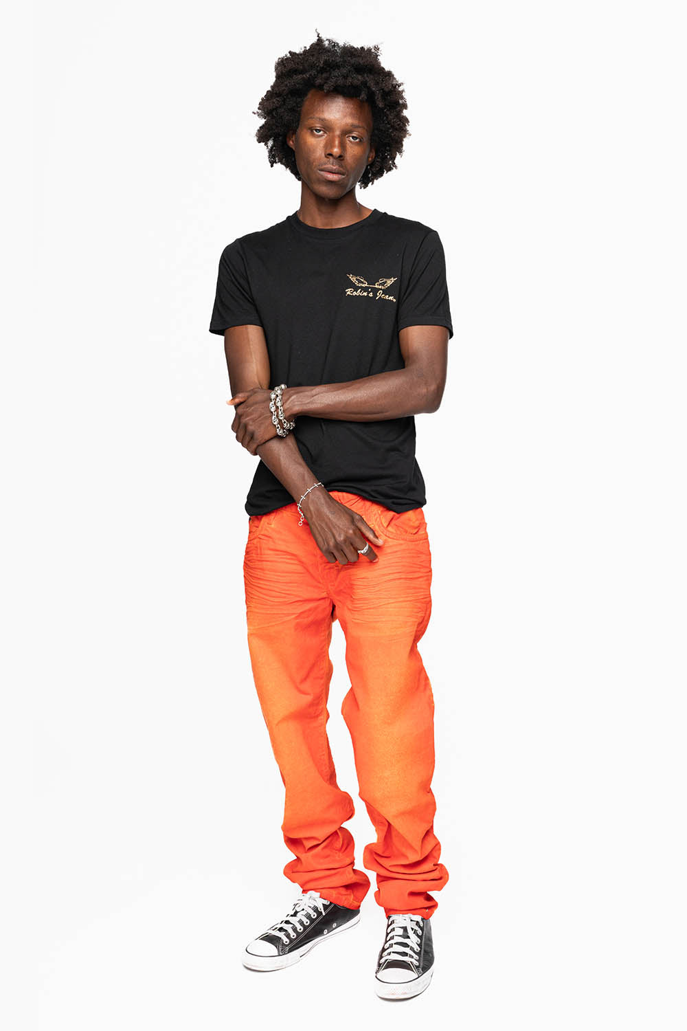 LONG FLAP SLIM FIT MENS JEANS  IN SUEDE TANGERINE WITH CRYSTALS