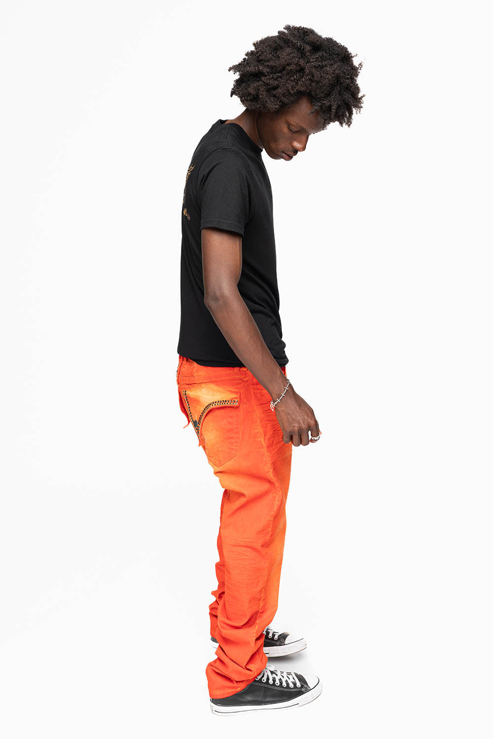 LONG FLAP SLIM FIT MENS JEANS  IN SUEDE TANGERINE WITH CRYSTALS