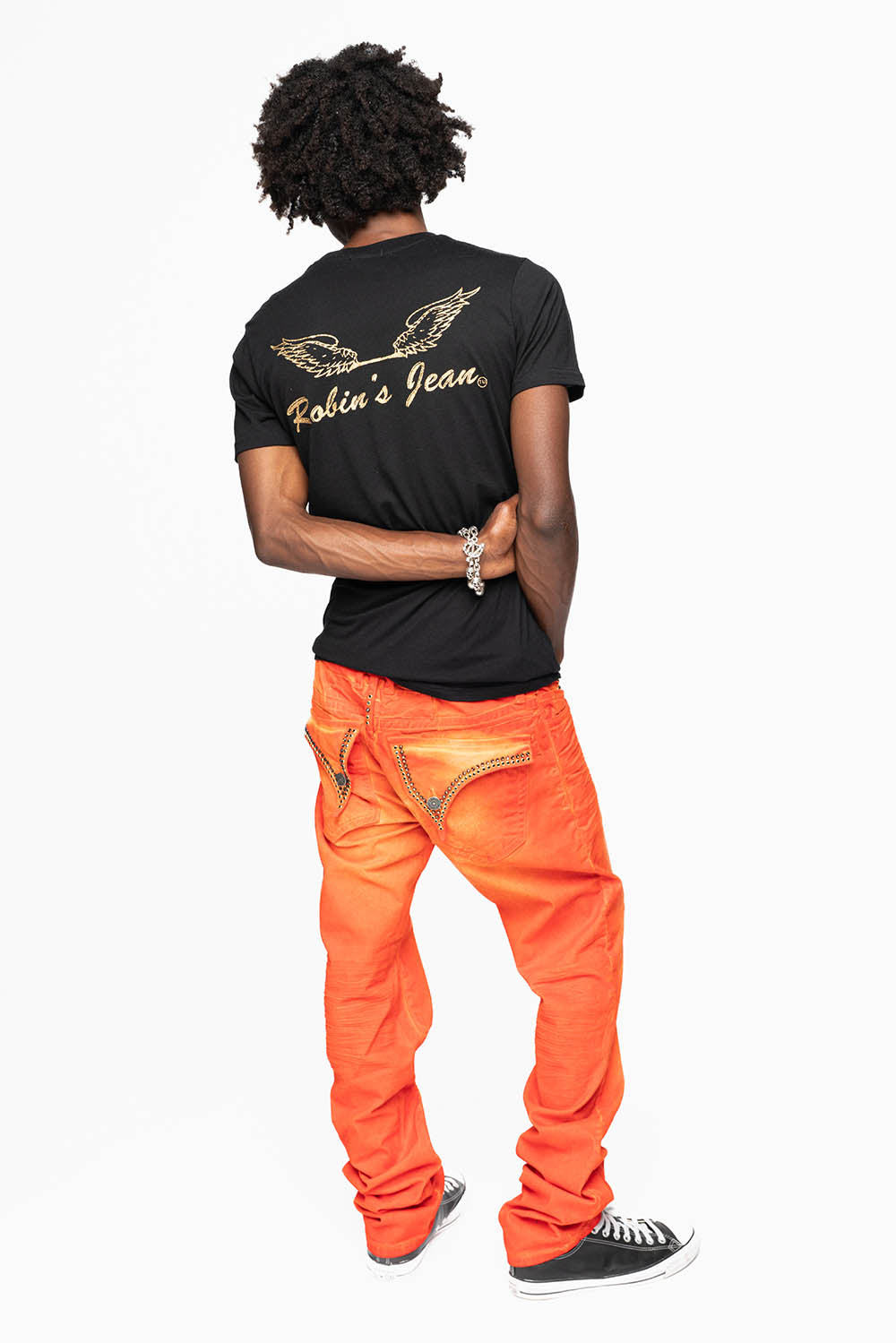 LONG FLAP SLIM FIT MENS JEANS  IN SUEDE TANGERINE WITH CRYSTALS
