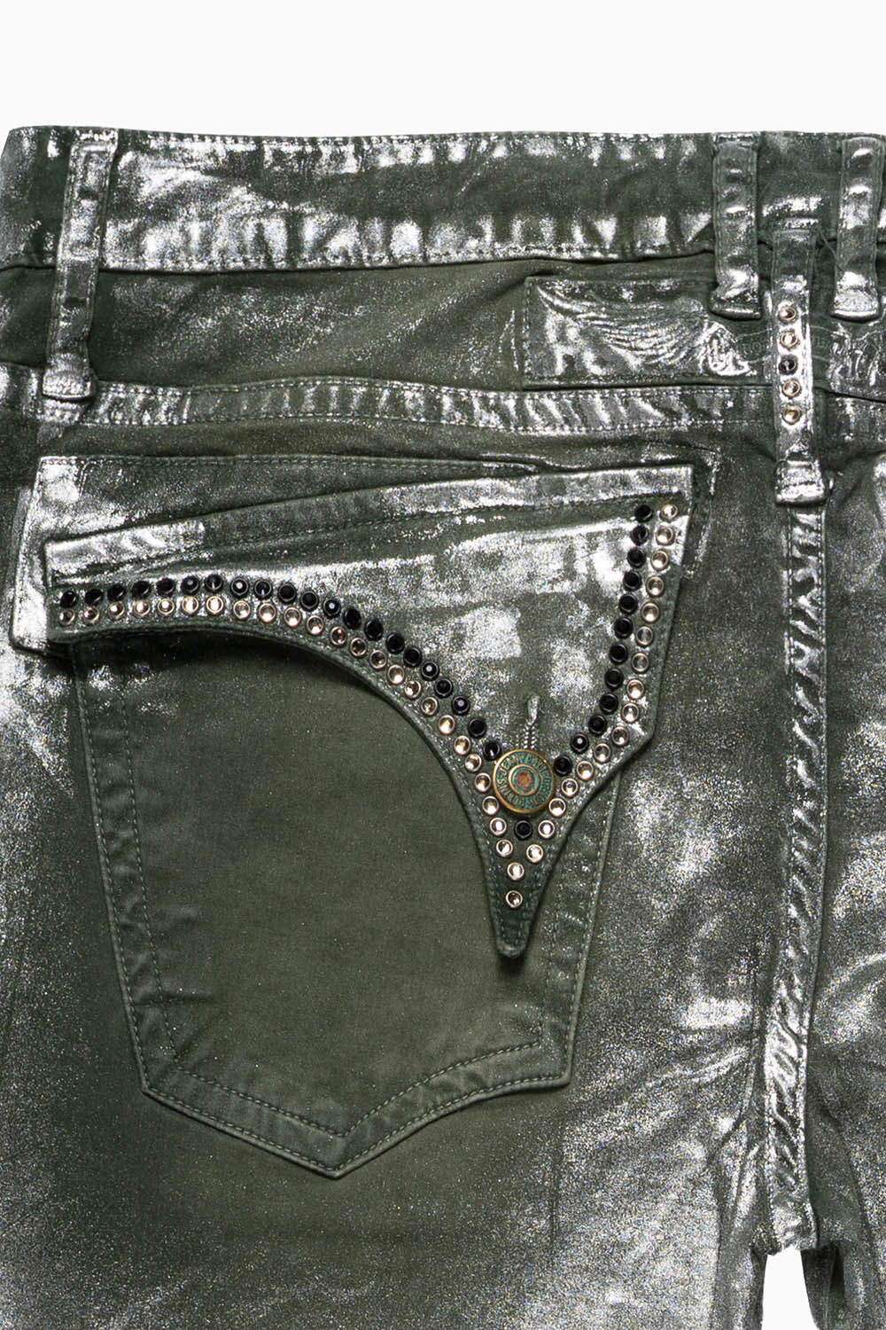 LONG FLAP SLIM FIT MENS JEANS  IN OLIVE LISA SILVER WITH CRYSTALS