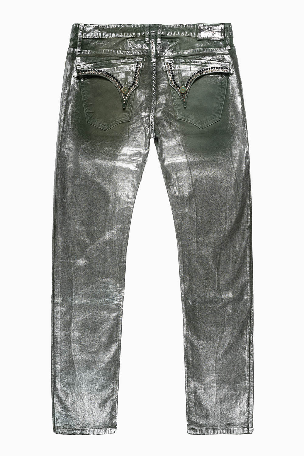 LONG FLAP SLIM FIT MENS JEANS  IN OLIVE LISA SILVER WITH CRYSTALS