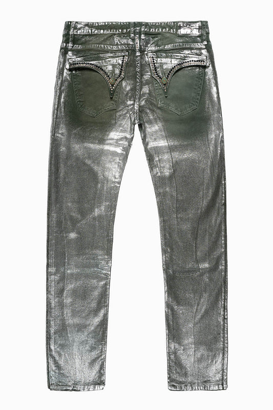 LONG FLAP SLIM FIT MENS JEANS  IN OLIVE LISA SILVER WITH CRYSTALS