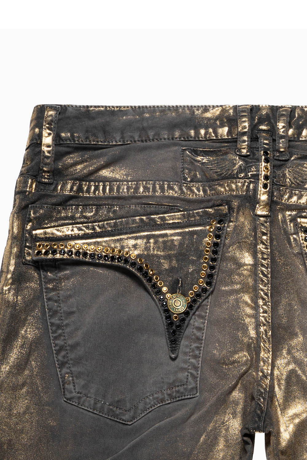 LONG FLAP SLIM FIT MENS JEANS  IN  CHARCOAL LISA GOLD WITH CRYSTALS