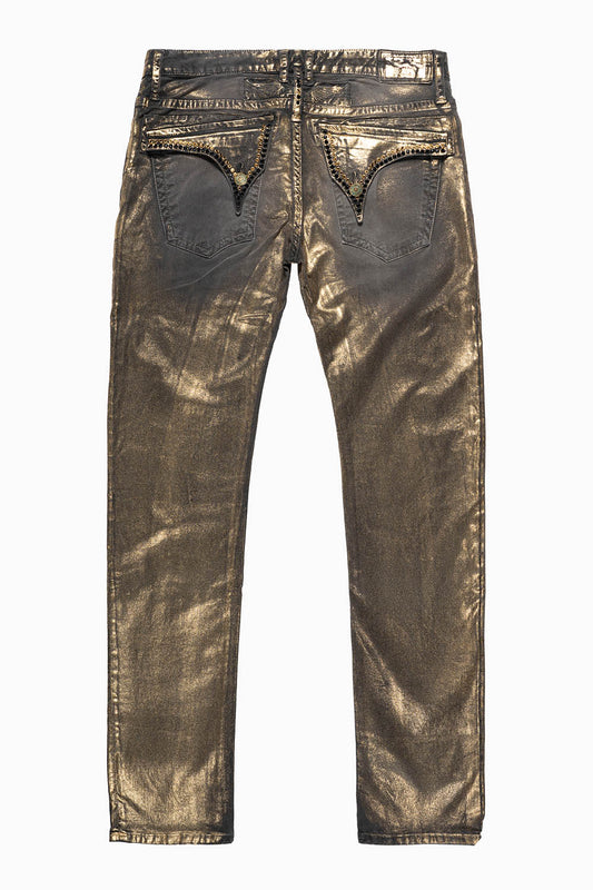 LONG FLAP SLIM FIT MENS JEANS  IN  CHARCOAL LISA GOLD WITH CRYSTALS