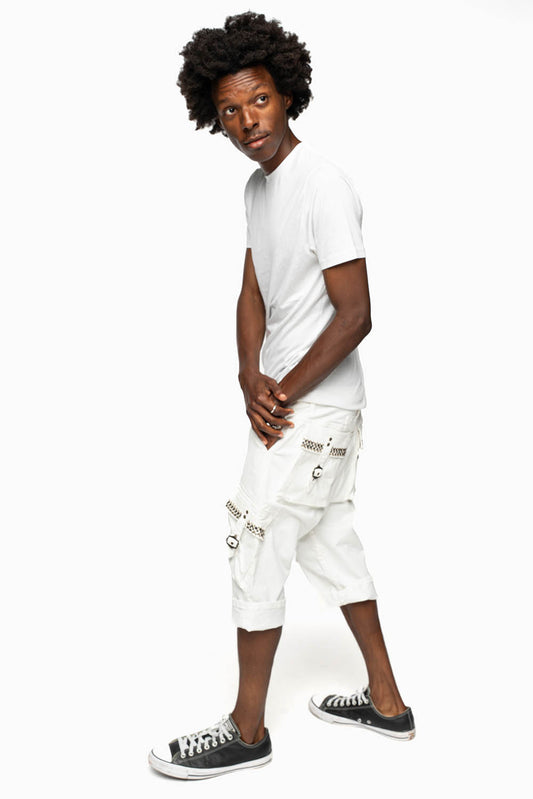 MENS MILITARY CARGO SHORTS IN WHITE WITH STUDS AND CRYSTALS