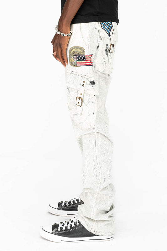 MENS MILITARY STYLE CARGO PANTS IN CRACKLE WHITE DYE WITH PATCH