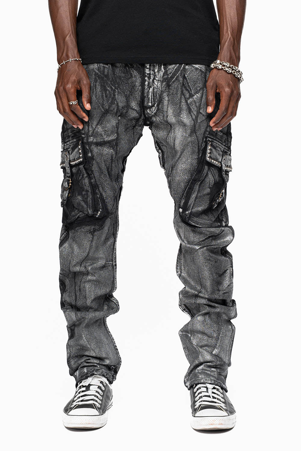 MENS PREDATOR CARGO PANTS IN DECAL SILVER EMBELLISHED WITH CRYSTALS AND STUDS
