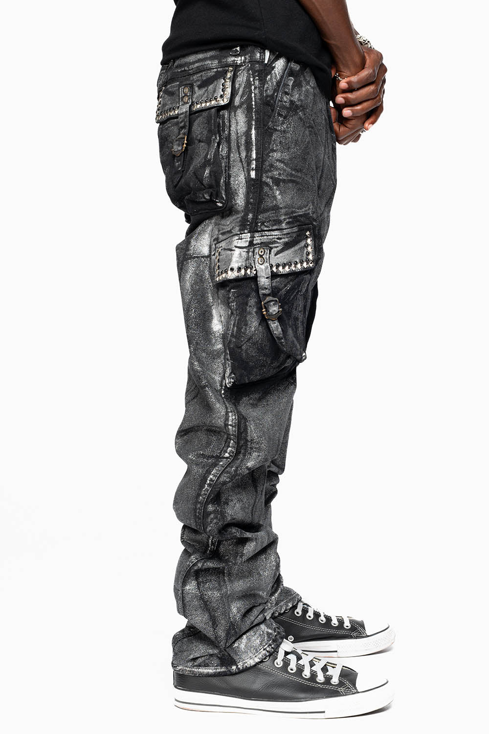 MENS PREDATOR CARGO PANTS IN DECAL SILVER EMBELLISHED WITH CRYSTALS AND STUDS