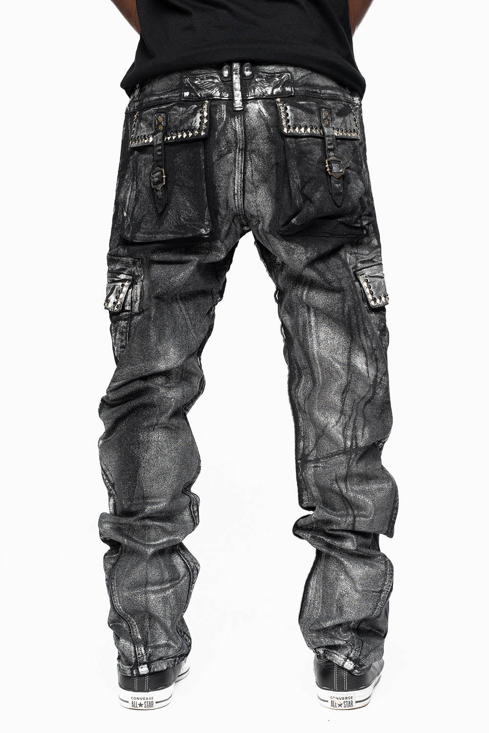 MENS PREDATOR CARGO PANTS IN DECAL SILVER EMBELLISHED WITH CRYSTALS AND STUDS