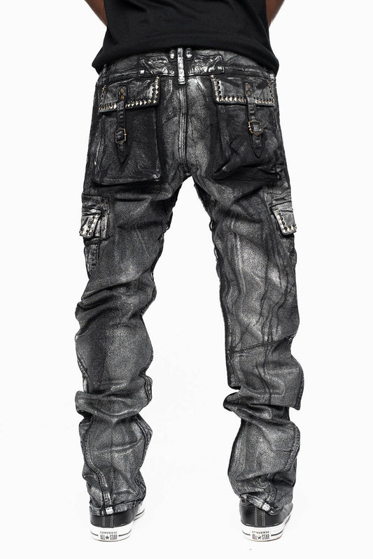 MENS PREDATOR CARGO PANTS IN DECAL SILVER EMBELLISHED WITH CRYSTALS AND STUDS