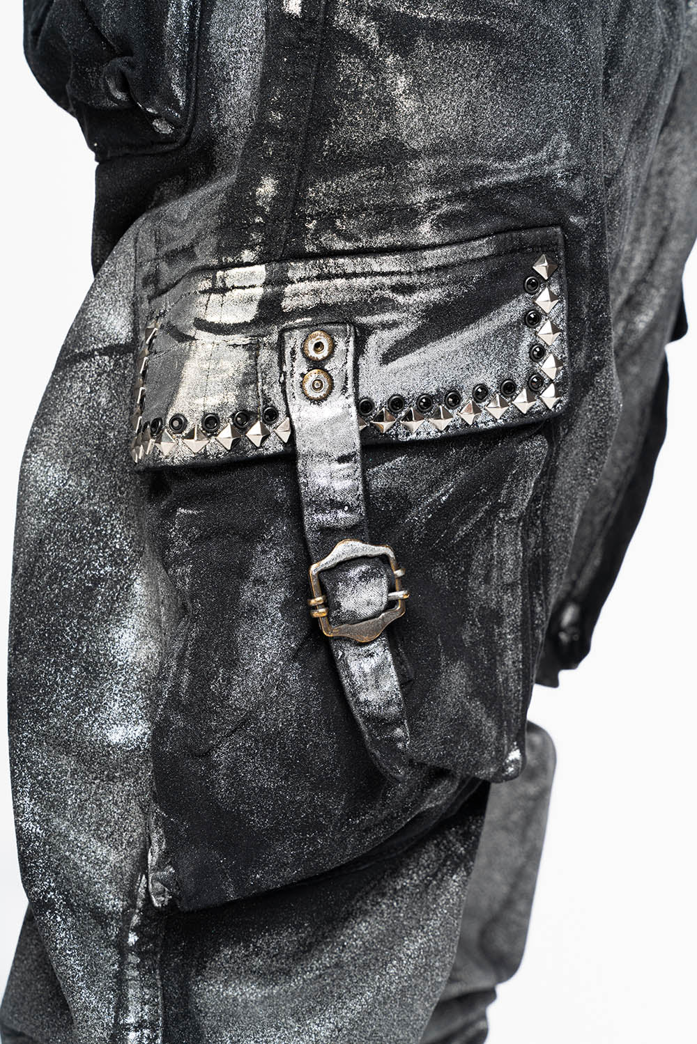 MENS PREDATOR CARGO PANTS IN DECAL SILVER EMBELLISHED WITH CRYSTALS AND STUDS