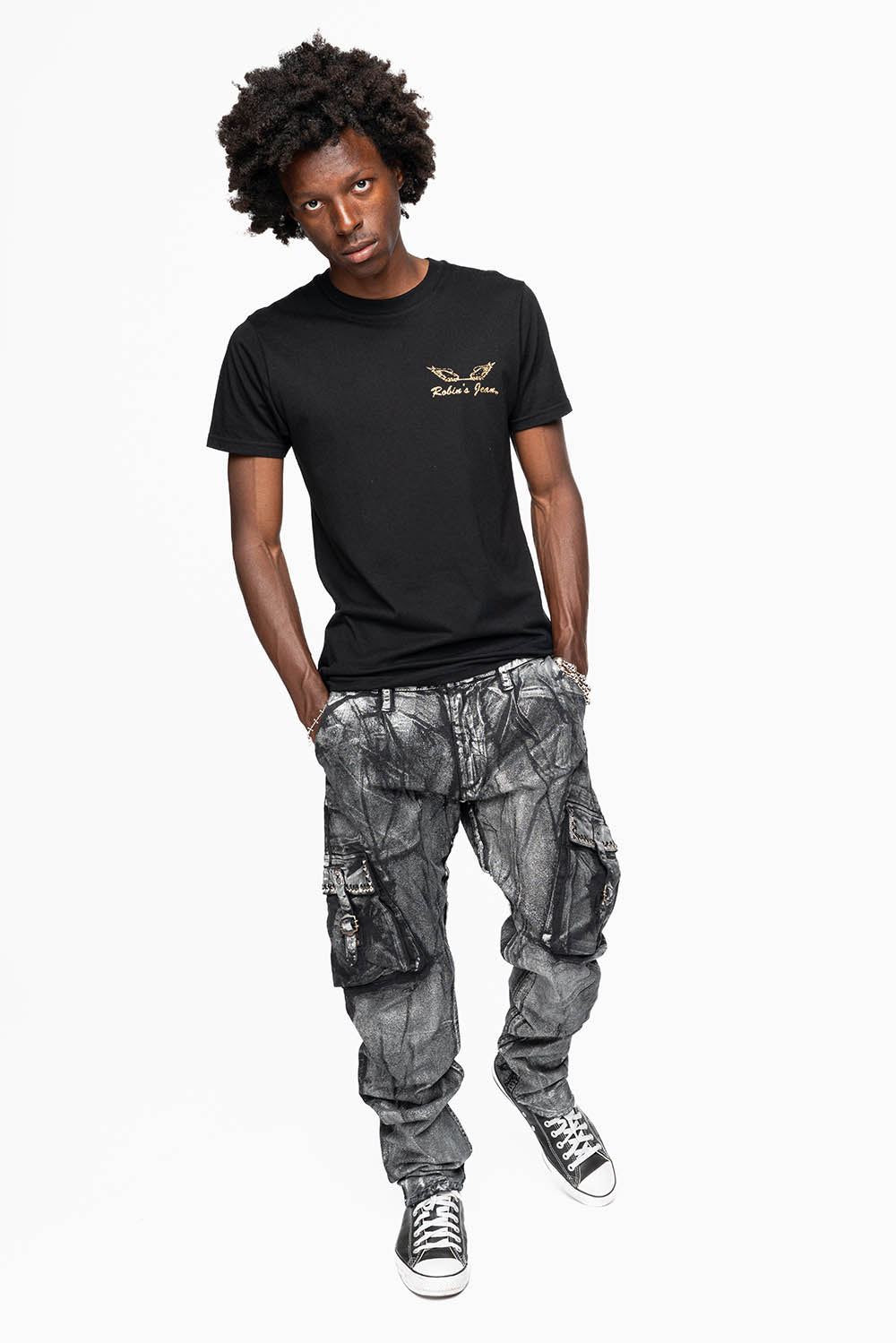MENS PREDATOR CARGO PANTS IN DECAL SILVER EMBELLISHED WITH CRYSTALS AND STUDS
